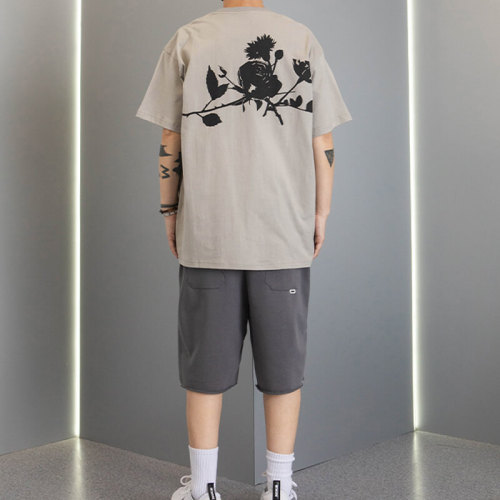 Custom Streetwear with Black Rose Print - Heavyweight Oversized Cotton Short Sleeve T Shirts Men
