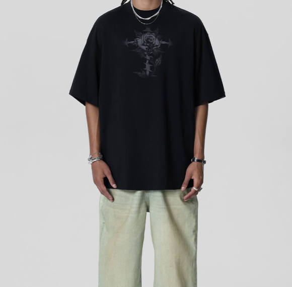 Customizable Rose Themed Oversized Streetwear - Cotton 250GSM Short Sleeve T-Shirt Men