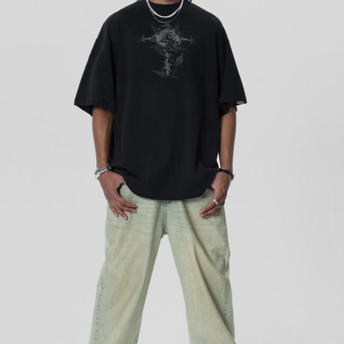 Customizable Rose Themed Oversized Streetwear - Cotton 250GSM Short Sleeve T-Shirt Men