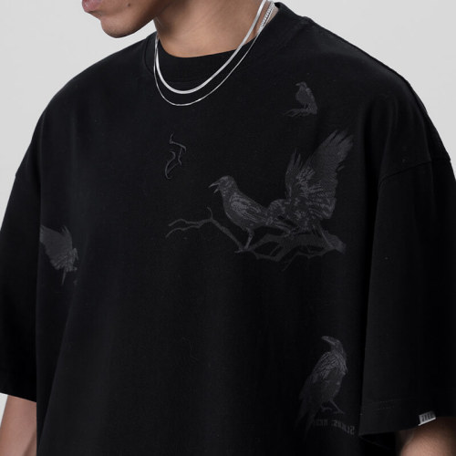 Customizable Raven Print Short Sleeve T-Shirt - 250GSM Heavyweight Cotton Oversized Streetwear