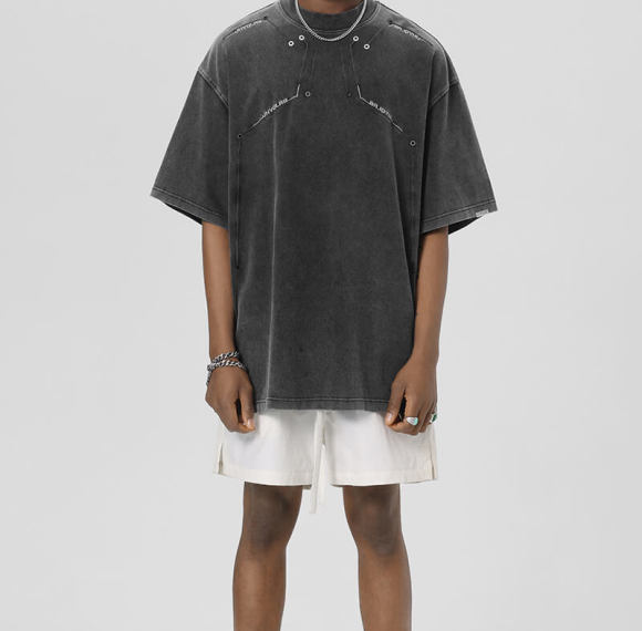 Customized Tech Oversized Streetwear - 250GSM Heavyweight Cotton Washed Rivet Short Sleeve T-Shirt