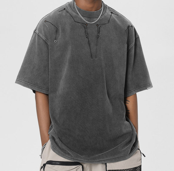 Customized Tech Oversized Streetwear - 260GSM Heavyweight Cotton Washed Rivet Short Sleeve T-Shirt