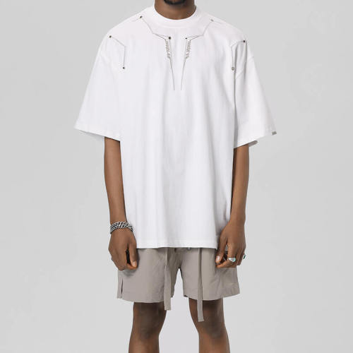 Customized Tech Oversized Streetwear - 260GSM Heavyweight Cotton Washed Rivet Short Sleeve T-Shirt