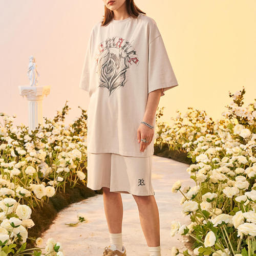 Customized Rose Oversized Streetwear - 190GSM Cotton Sketch Rose Print Short Sleeve T-Shirt