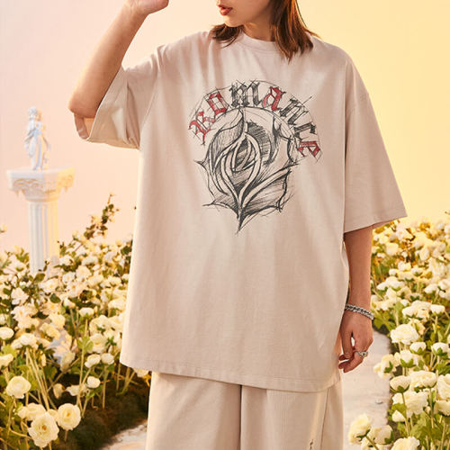 Customized Rose Oversized Streetwear - 190GSM Cotton Sketch Rose Print Short Sleeve T-Shirt