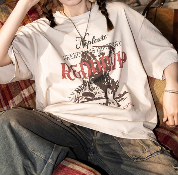 Customized War Themed Printed Oversized Streetwear - 230GSM Cowboy Printed Short Sleeve T-Shirt