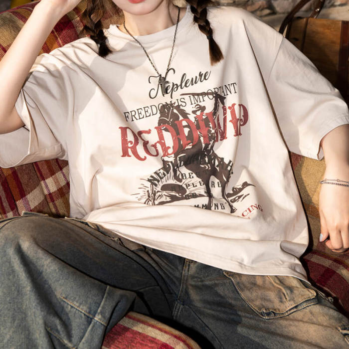 Customized War Themed Printed Oversized Streetwear - 230GSM Cowboy Printed Short Sleeve T-Shirt