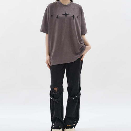 Customizable Cross Print Streetwear - 280GSM Suede Embroidered Heavyweight Short Sleeve T-Shirt
