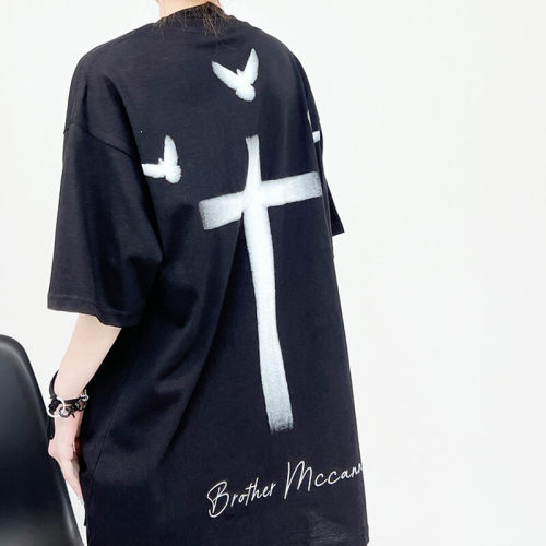 Customizable Cross Print Oversized Streetwear - 230GSM Heavyweight Fashion Short Sleeve T-Shirt Men