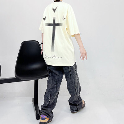 Customizable Cross Print Oversized Streetwear - 230GSM Heavyweight Fashion Short Sleeve T-Shirt Men