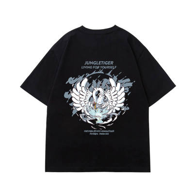 Customized Animal Themed Printed Streetwear - Crane Printed Cotton Oversized Short Sleeve T-Shirt