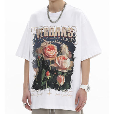 Production Customized Rose Print Streetwear - 190GSM Cotton Trendy Oversized Short Sleeve T-Shirt