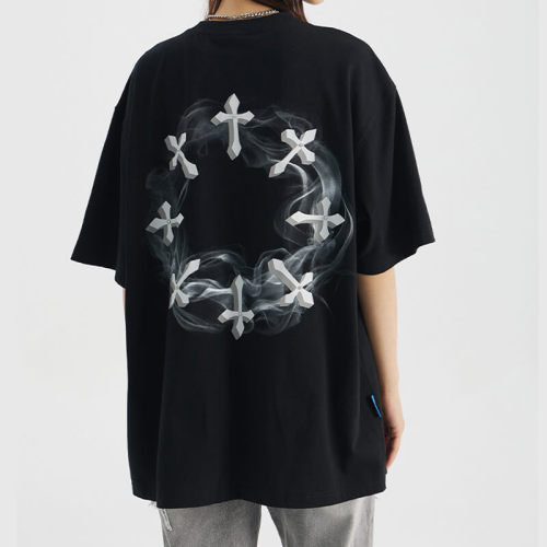 Custom Cross Printed T-shirt - 230GSM Heavyweight Cotton Smoke Cross Oversized Short Sleeve T-Shirt