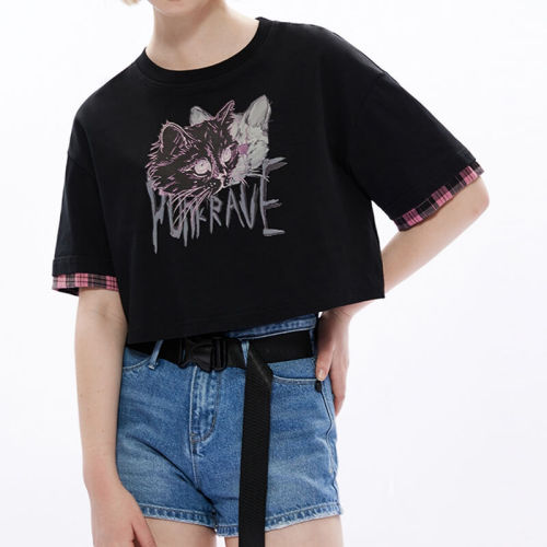 Customized Women's Punk Style Streetwear - 190GSM Cat Printed Slim Fit Short Sleeve T-Shirt Women