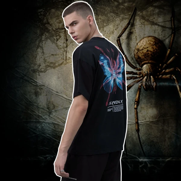 Custom Butterfly Print Streetwear T-shirt | Screen Print Graphic Cotton Dark Street Style T-shirts