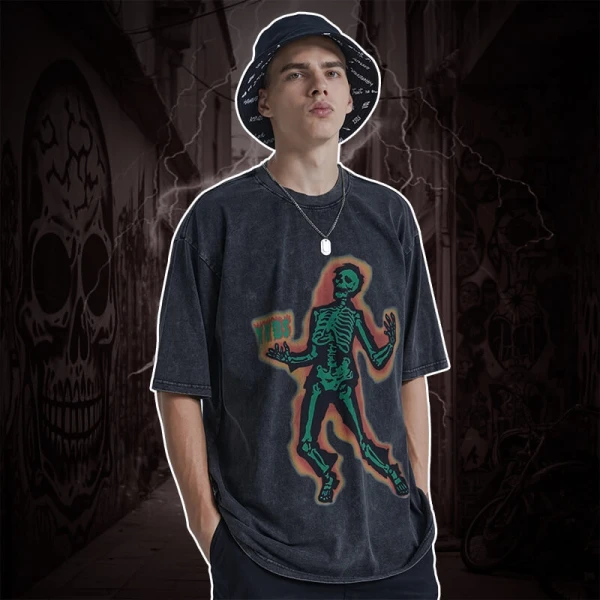 Customized Skull Print Streetwear T-shirt - 230GSM Cotton Acid Wash Oversized Short Sleeve T-shirt