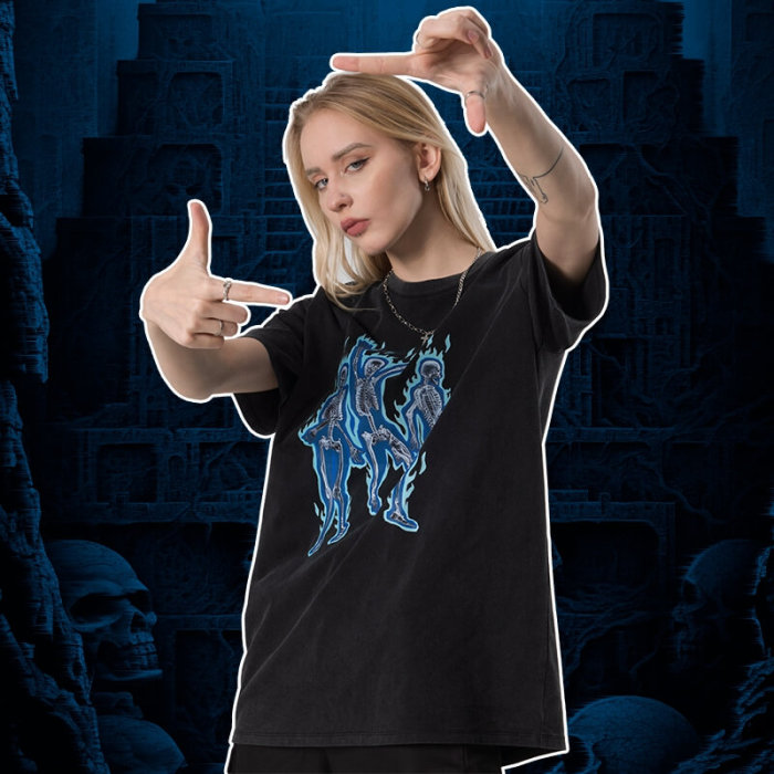Manufacture Skeleton Print T-shirts - Snow Wash Heat Transfer Print Oversized Short Sleeve T-shirt