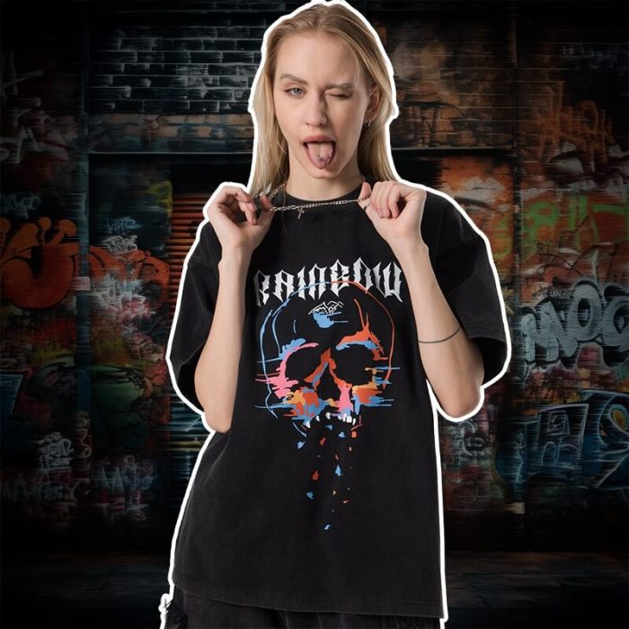 Custom Streetwear Dark T-shirts | Snow Washed Hot Transfer Print Tshirt Women | Skeleton Print T-shirts