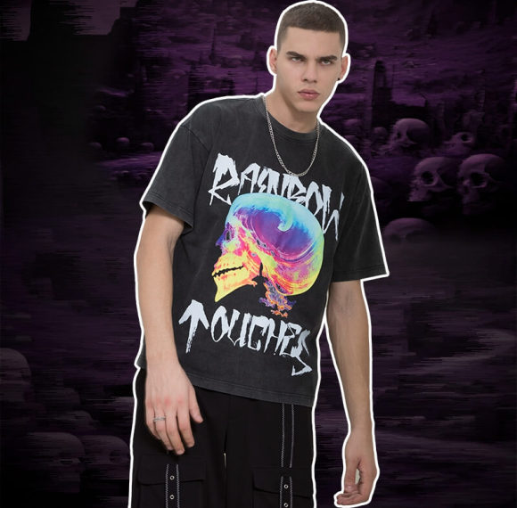 Manufacturing Custom Tshirts Dark Colorful Skull Printed Washed Tshirts Men