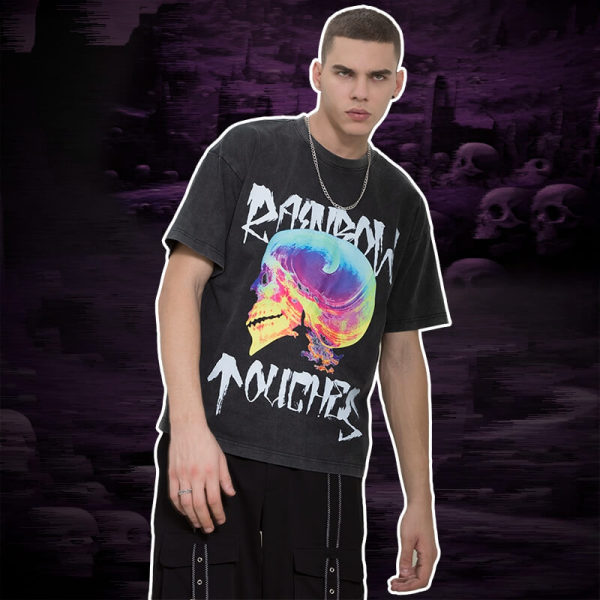 Manufacturing Custom Tshirts Dark Colorful Skull Printed Washed Tshirts Men