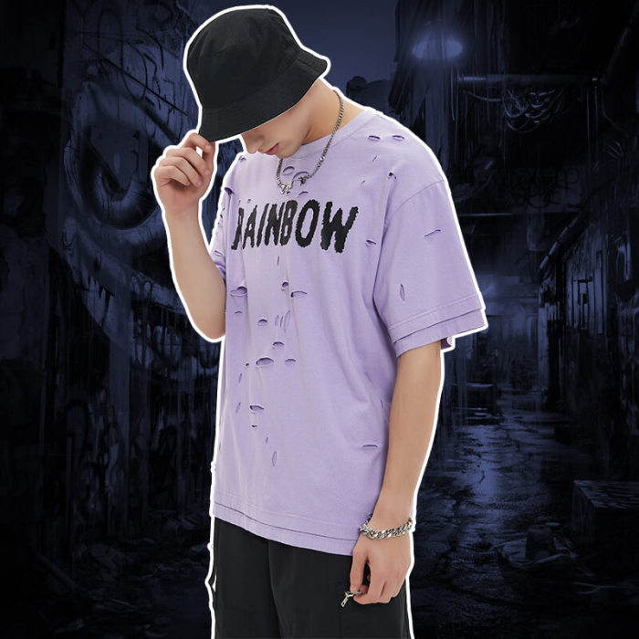 Factory Printing Cotton Tshirt Dark Summer Holes Men Short Sleeve Ripped T-Shirts