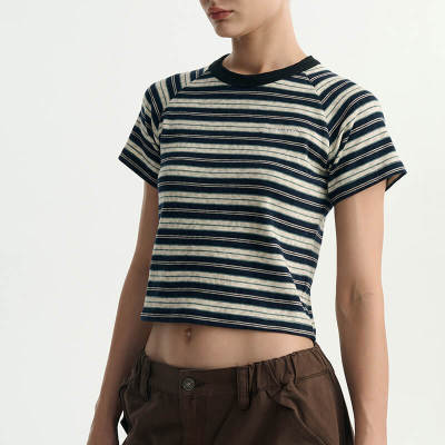 Custom Dark Streetwear Manufacturer - 190GSM Horizontal Stripe Short Slim Fit Women's T-Shirt