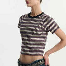 Custom Dark Streetwear Manufacturer - 190GSM Horizontal Stripe Short Slim Fit Women's T-Shirt