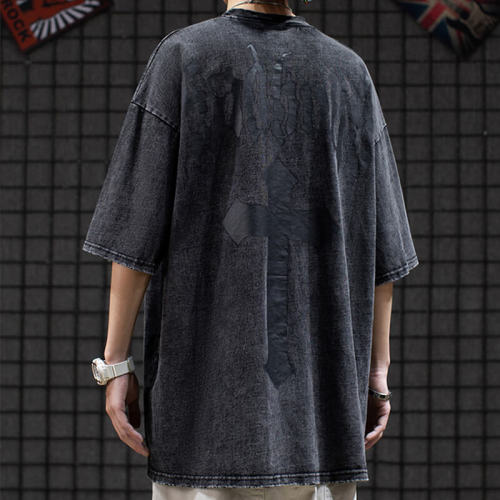 Custom Cross Printed Washed Streetwear - 230GSM Heavyweight Trend Oversized Short Sleeve T-Shirt