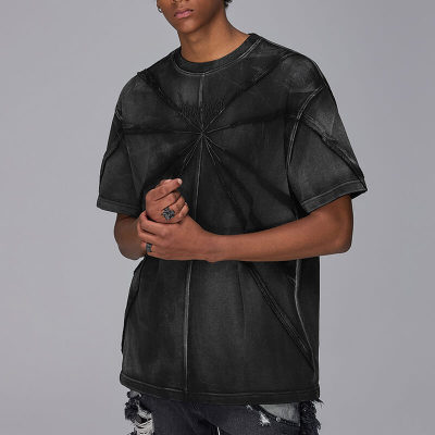 Customized Personalized Streetwear - 260GSM Dirty Wash Split Patchwork Box Fit Vintage Embroidered T-Shirt