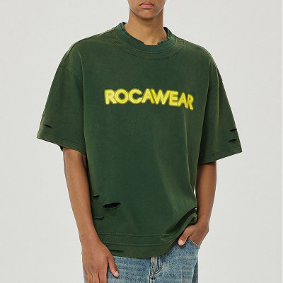 Customized Personalized Streetwear - 230GSM Washed Hole Torn Box Fit Vintage Puff Print T-Shirt