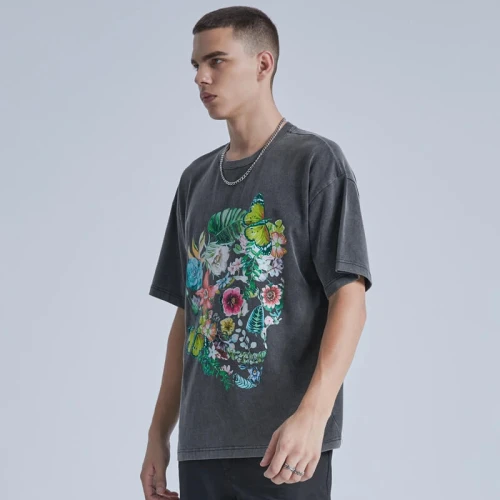 Customized Snow Wash Skeleton Print T-shirt | 230GSM, 100% Cotton, Oversized Fit | Support OEM, ODM