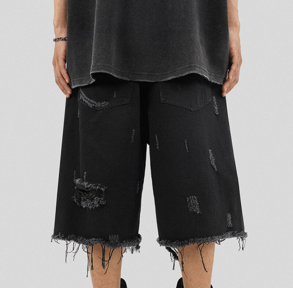 Custom Vintage Wash Broken Punk Street Style Shorts | Loose Fit Straight, 100% Cotton, Zipper Dark Street Style Shorts
