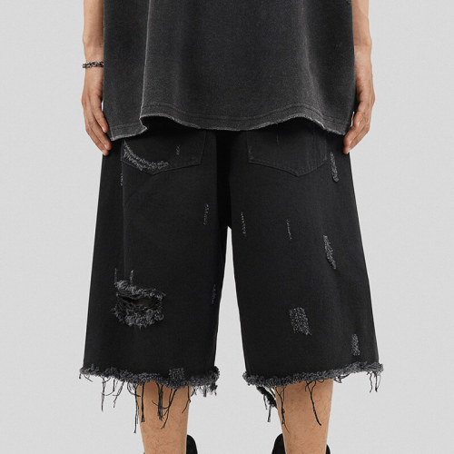 Custom Vintage Wash Broken Punk Street Style Shorts | Loose Fit Straight, 100% Cotton, Zipper Dark Street Style Shorts