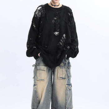 Custom Vintage Streetwear Sweater | Wool Fabric, Round Neck, Off-shoulder Sleeves, Oversized High Street Dark Style Sweater