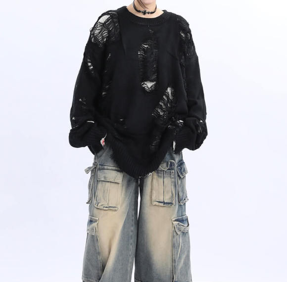 Custom Vintage Streetwear Sweater | Wool Fabric, Round Neck, Off-shoulder Sleeves, Oversized High Street Dark Style Sweater