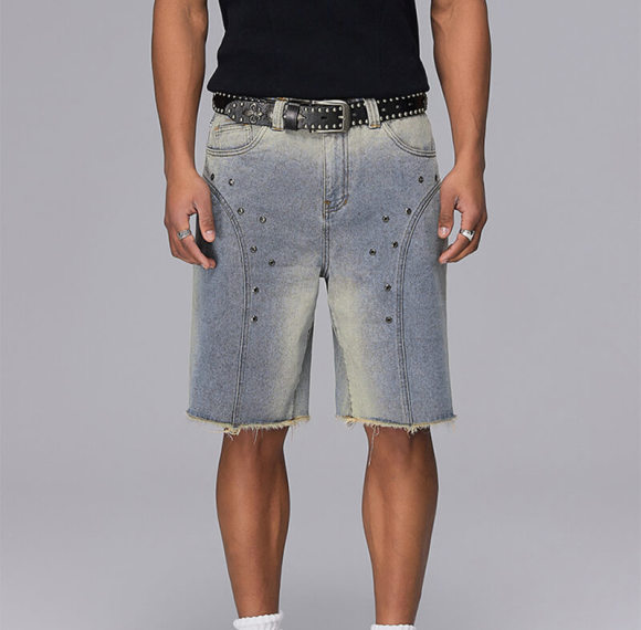 Custom Street Style Washed Denim Shorts｜87% Cotton, 11% Cellulose Polyester, 2% Polyester, Loose Straight Fit Casual Style Shorts