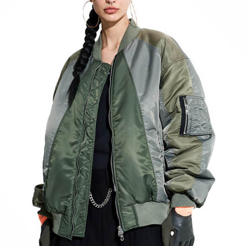 Custom Dark Streetwear Splicing Bomber Jacket | Imitation Silk Cotton, 100% Polyamide, Oversized Fit Aviator Jacket