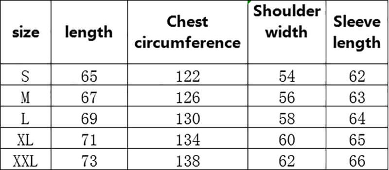 CUS2404P21FWS12 Streetwear Cotton Coats Size Charts