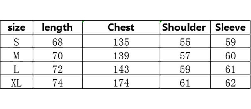 CUS2404P21FWS12 Streetwear Cotton Coats Size Charts