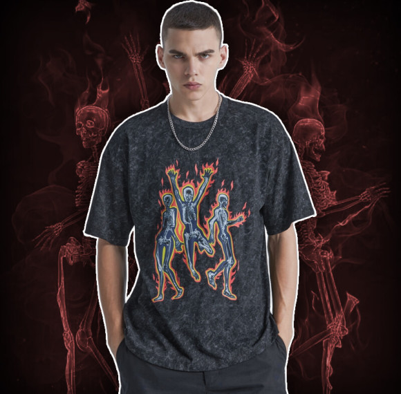 Washed Black Graphic T-shirt | Custom Skull T-shirts | Snow Washed, DTG, 100% Cotton | 50 PCS MOQ