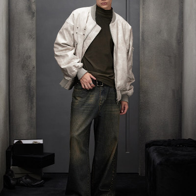 Custom Vintage Washed Baseball Jacket | 55% Viscose 45% Polyester, Mixed Fabrics, Oversized Fit | Dark Style Streetwear Jacket