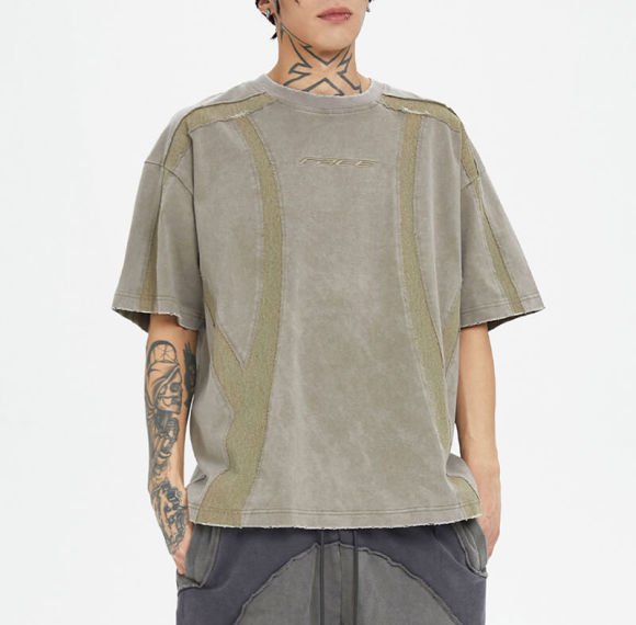 Custom Vintage Washed Splicing Streetwear T-Shirt | 300GSM, 100% Cotton, Oversized Fit | High Street Style T-shirt