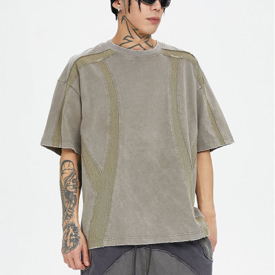 Custom Vintage Washed Splicing Streetwear T-Shirt | 300GSM, 100% Cotton, Oversized Fit | High Street Style T-shirt