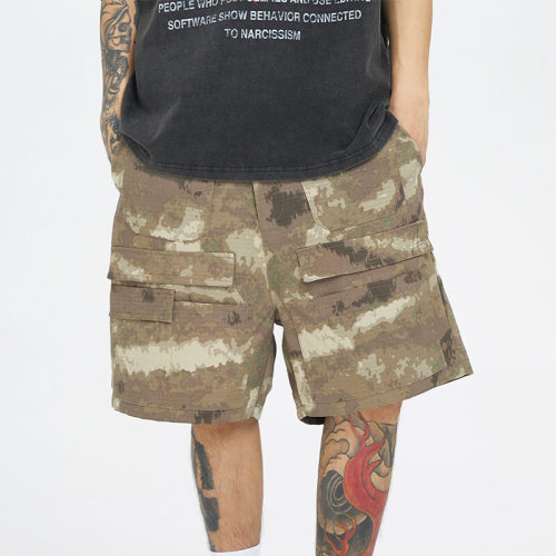Custom Vintage Camouflage Work Shorts | 100% Polyester, High Street Multi-Pocket Straight Streetwear Shorts
