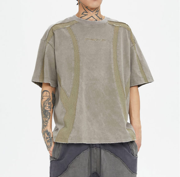 Custom Washed Spliced Street Style T-Shirt | 300GSM, 100% Cotton, Boxy Fit | Dark Street Style T-Shirt