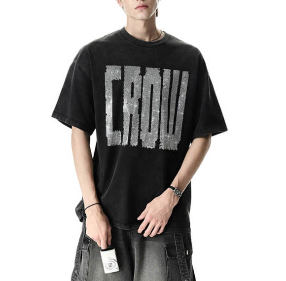 Custom Wash Rhinestone Printed Summer T-Shirt | 240GSM, 100% Cotton, Boxy Fit | Dark Street Style T-Shirt