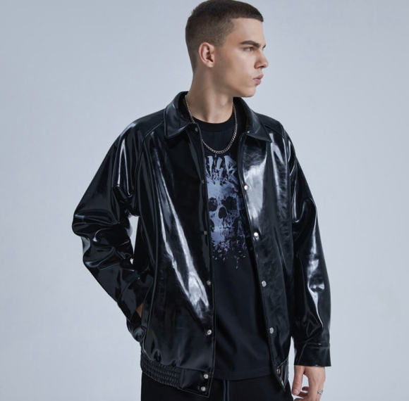 Custom Artificial Leather Lapel Long Sleeve Jacket | Street Style | Touches Dark Original Design Jacket