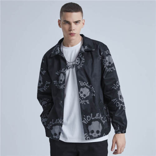 ORI-RW220326 Nylon-Trainerjacke mit Totenkopf-Print | Dunkler Streetstyle | Hersteller von kundenspezifischen Jacken | Mindestbestellmenge 50 Stück