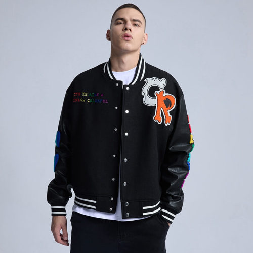 Custom Spliced Leather Sleeve Varsity Jackets | Street Style | Touches Dark Original Design Baseball Jacket