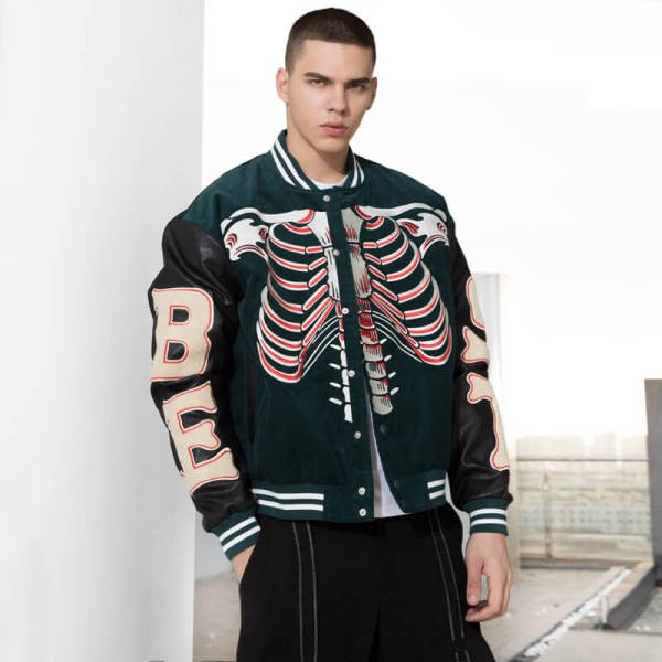 Custom Skeleton Pattern Color Block Varsity Jacket | Dark Street Style | Touches Dark Original Design Baseball Jacket